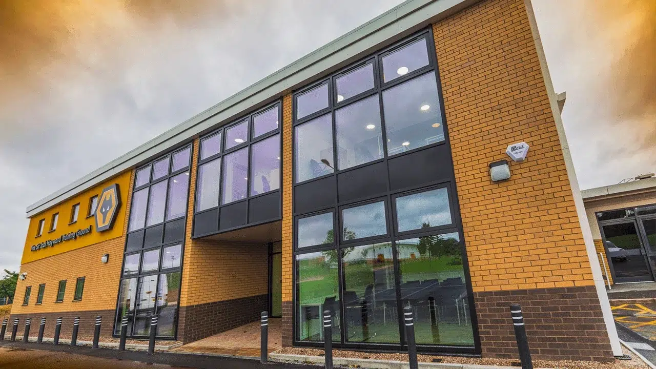 The completed modular training pavilion extension for Wolverhampton Wanderers, showing the brickwork and architectural integration with the existing building at their Premier League training facility.