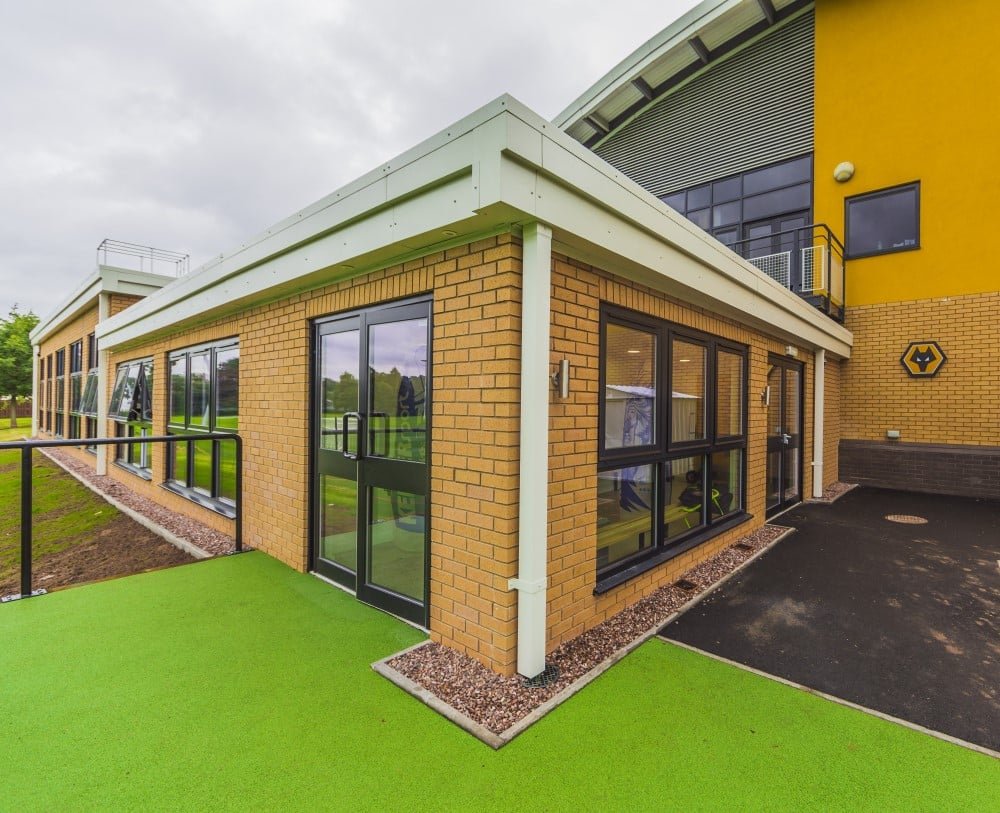 Wolverhampton Wanderers Modular Training Pavilion â Off-Site Manufacturing, Wolverhampton Modular training pavilion at Wolverhampton Wanderers, West Midlands, built off-site for quick, low-disruption delivery.