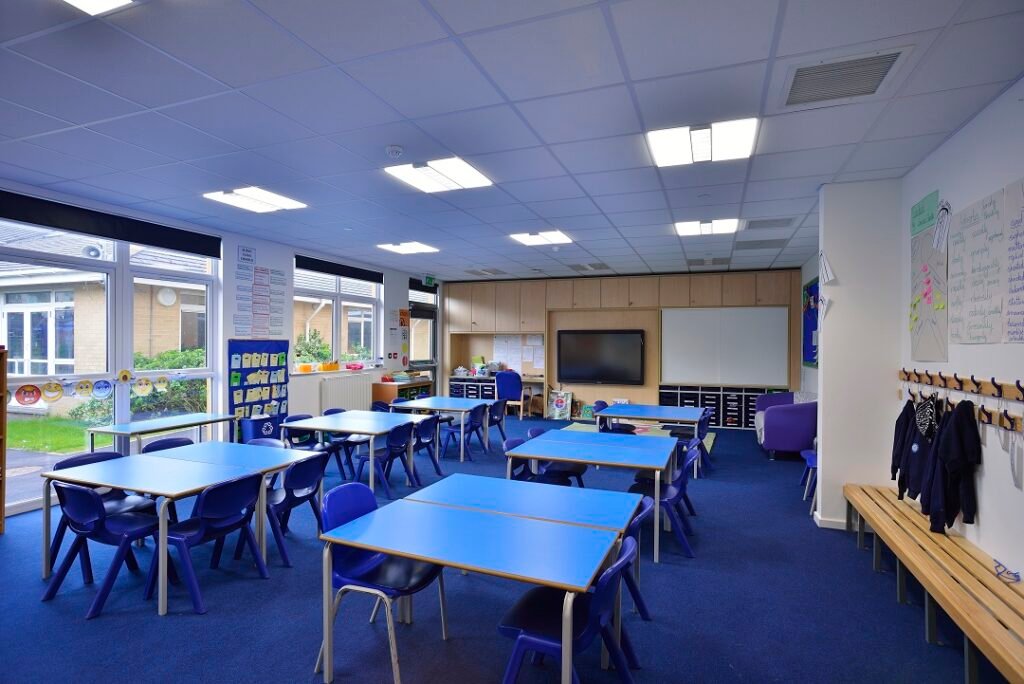 New modular classrooms at Heathlands Primary School designed for modern learning Interior of modular classroom at Heathlands Primary School with large windows and natural light