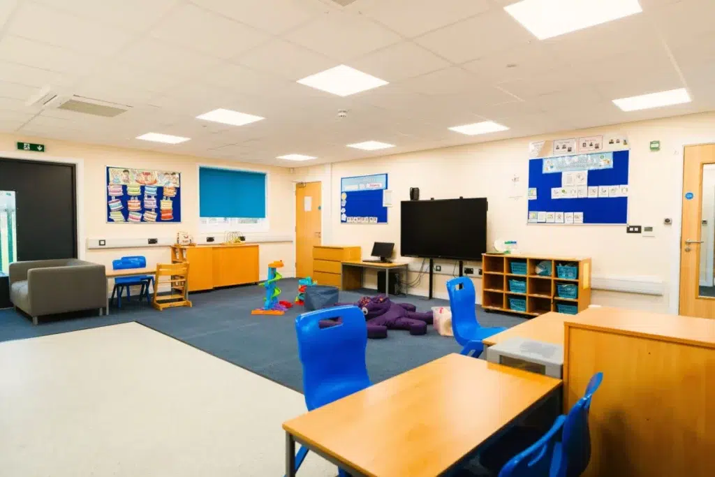 inside a modular school classroom fitted out