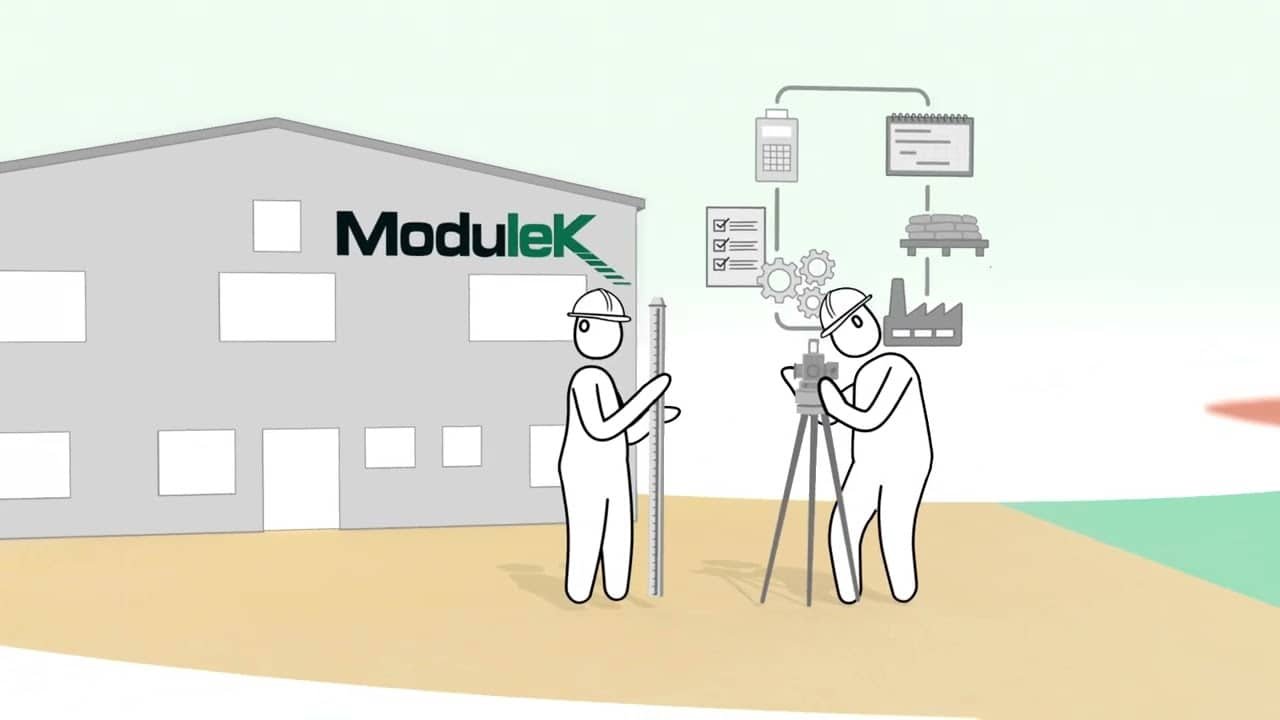 Animated illustration showing Modulek's modular construction planning process, featuring surveyors and project management workflow diagrams for efficient building delivery