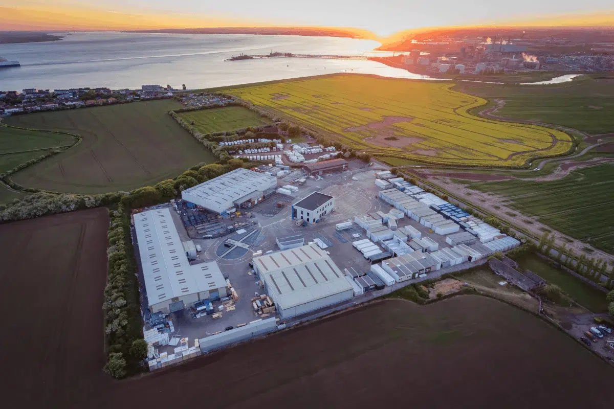 Aerial view of Modulek’s hybrid offsite modular building factory in the UK at sunset